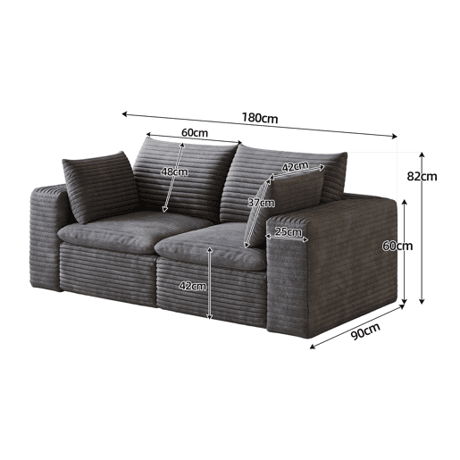 Sofá modular de 180 cm em veludo - design de dupla camada, almofadas removíveis, sem montagem, 2 lugares - cinzento escuro