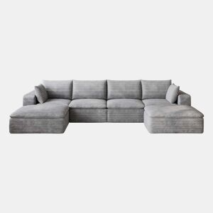 Sofá modular 340 x 160 cm - 4 lugares em veludo, design de dupla camada, almofadas com capas removíveis, sem montagem - cinzento