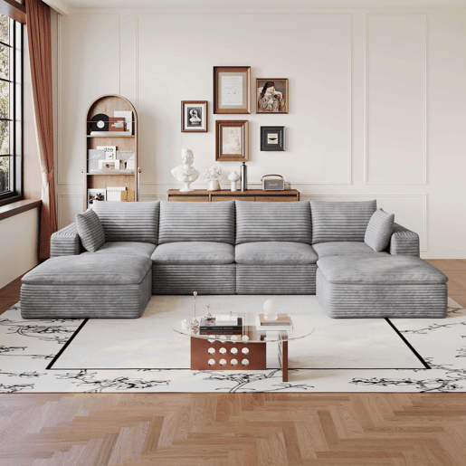 Sofá modular 340 x 160 cm - 4 lugares em veludo, design de dupla camada, almofadas com capas removíveis, sem montagem - cinzento Sofá modular 340 x 160 cm - 4 lugares em veludo, design de dupla camada, almofadas com capas removíveis, sem montagem - cinzento