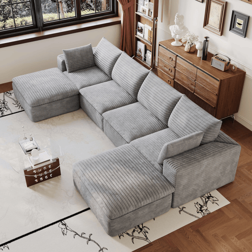 Sofá modular 340 x 160 cm - 4 lugares em veludo, design de dupla camada, almofadas com capas removíveis, sem montagem - cinzento Sofá modular 340 x 160 cm - 4 lugares em veludo, design de dupla camada, almofadas com capas removíveis, sem montagem - cinzento