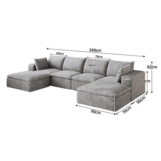 Sofá modular 340 x 160 cm - 4 lugares em veludo, design de dupla camada, almofadas com capas removíveis, sem montagem - cinzento Sofá modular 340 x 160 cm - 4 lugares em veludo, design de dupla camada, almofadas com capas removíveis, sem montagem - cinzento