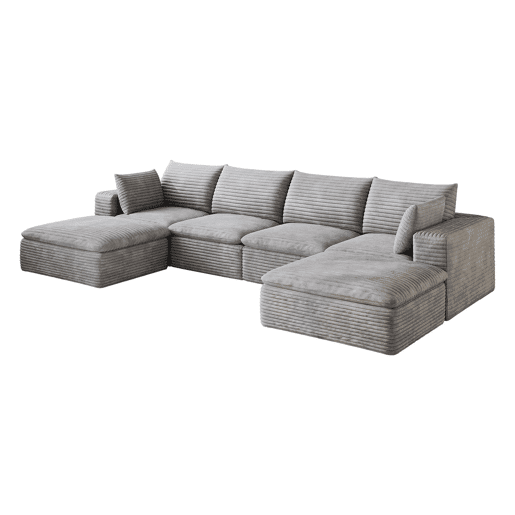 Sofá modular 340 x 160 cm - 4 lugares em veludo, design de dupla camada, almofadas com capas removíveis, sem montagem - cinzento Sofá modular 340 x 160 cm - 4 lugares em veludo, design de dupla camada, almofadas com capas removíveis, sem montagem - cinzento