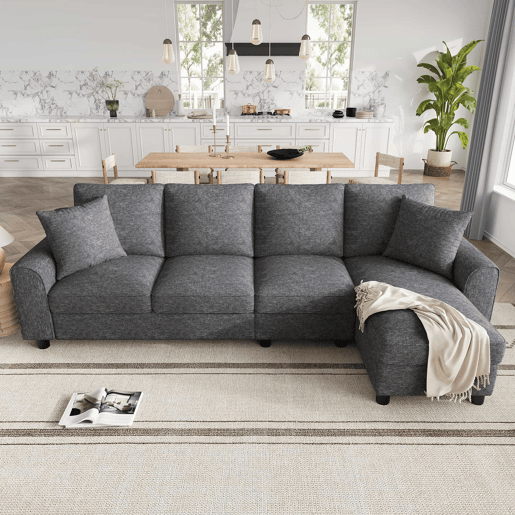 Sofá de canto 280 x 136 x 82 cm - modular em chenille com chaise longue, arrumação e encosto reclinável com porta-copos, 4 lugares - cinzento Sofá de canto 280 x 136 x 82 cm - modular em chenille com chaise longue, arrumação e encosto reclinável com porta-copos, 4 lugares - cinzento