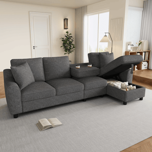 Sofá de canto 280 x 136 x 82 cm - modular em chenille com chaise longue, arrumação e encosto reclinável com porta-copos, 4 lugares - cinzento Sofá de canto 280 x 136 x 82 cm - modular em chenille com chaise longue, arrumação e encosto reclinável com porta-copos, 4 lugares - cinzento