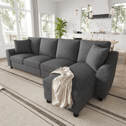 Sofá de canto 280 x 136 x 82 cm - modular em chenille com chaise longue, arrumação e encosto reclinável com porta-copos, 4 lugares - cinzento Sofá de canto 280 x 136 x 82 cm - modular em chenille com chaise longue, arrumação e encosto reclinável com porta-copos, 4 lugares - cinzento