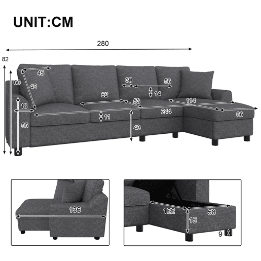 Sofá de canto 280 x 136 x 82 cm - modular em chenille com chaise longue, arrumação e encosto reclinável com porta-copos, 4 lugares - cinzento Sofá de canto 280 x 136 x 82 cm - modular em chenille com chaise longue, arrumação e encosto reclinável com porta-copos, 4 lugares - cinzento