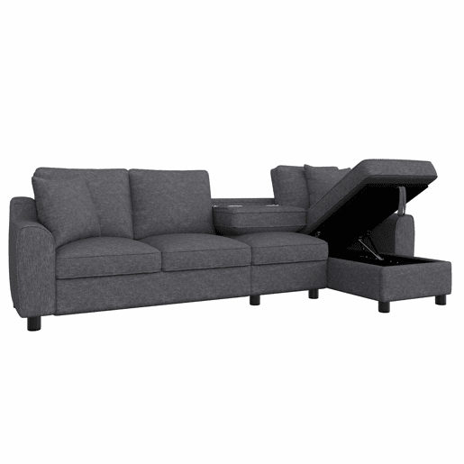 Sofá de canto 280 x 136 x 82 cm - modular em chenille com chaise longue, arrumação e encosto reclinável com porta-copos, 4 lugares - cinzento Sofá de canto 280 x 136 x 82 cm - modular em chenille com chaise longue, arrumação e encosto reclinável com porta-copos, 4 lugares - cinzento