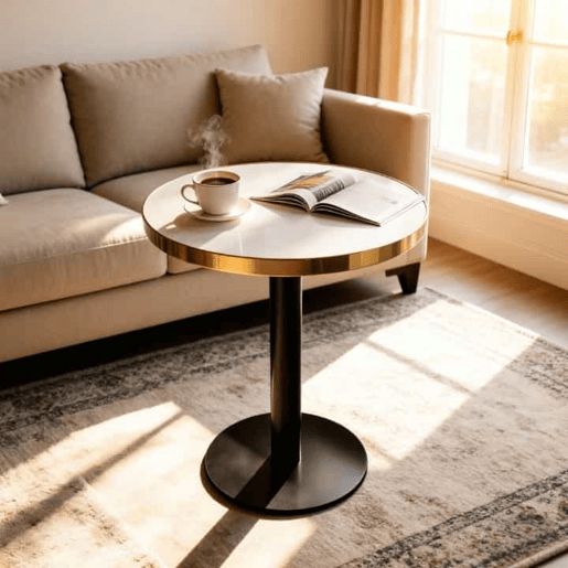 Mesa auxiliar redonda 60x60x74 cm - tampo com efeito de mármore, estrutura em aço inoxidável dourado, estilo moderno e luxuoso - Branco