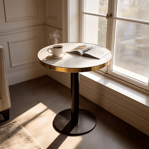 Mesa auxiliar redonda 60x60x74 cm - tampo com efeito de mármore, estrutura em aço inoxidável dourado, estilo moderno e luxuoso - Branco