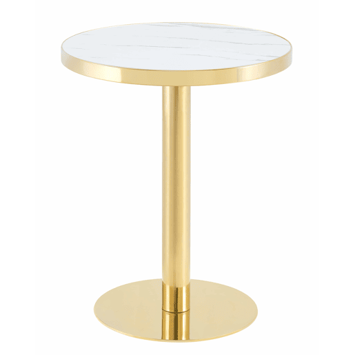 Mesa auxiliar redonda de 60 cm - design moderno com estrutura em aço inoxidável dourado e tampo com efeito mármore UV - branco e dourado