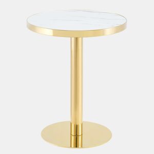 Mesa auxiliar redonda de 60 cm - design moderno com estrutura em aço inoxidável dourado e tampo com efeito mármore UV - branco e dourado