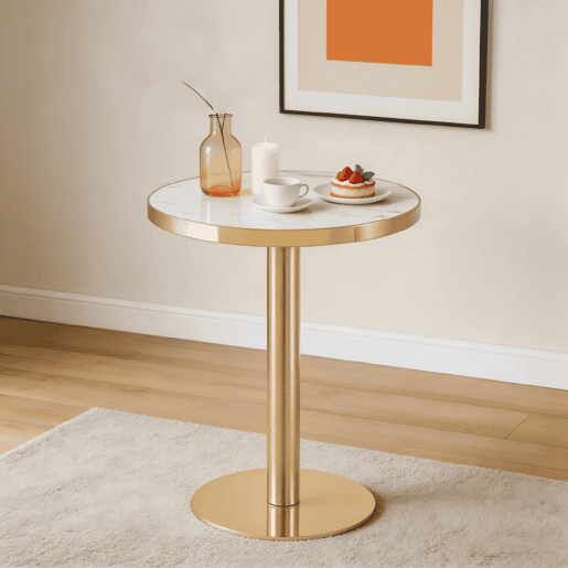 Mesa auxiliar redonda de 60 cm - design moderno com estrutura em aço inoxidável dourado e tampo com efeito mármore UV - branco e dourado