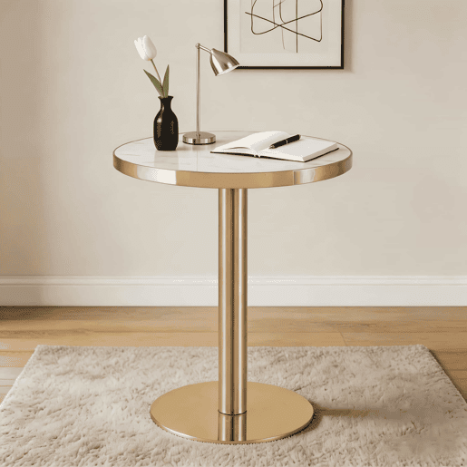 Mesa auxiliar redonda de 60 cm - design moderno com estrutura em aço inoxidável dourado e tampo com efeito mármore UV - branco e dourado