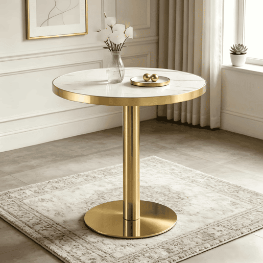 Mesa auxiliar redonda de 60 cm - design moderno com estrutura em aço inoxidável dourado e tampo com efeito mármore UV - branco e dourado