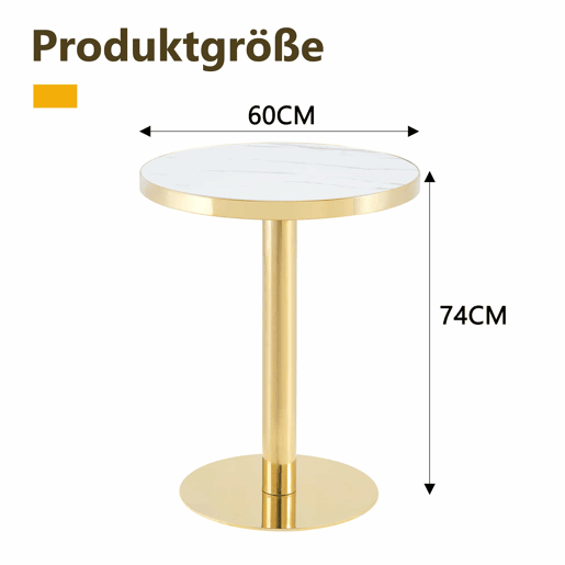 Mesa auxiliar redonda de 60 cm - design moderno com estrutura em aço inoxidável dourado e tampo com efeito mármore UV - branco e dourado