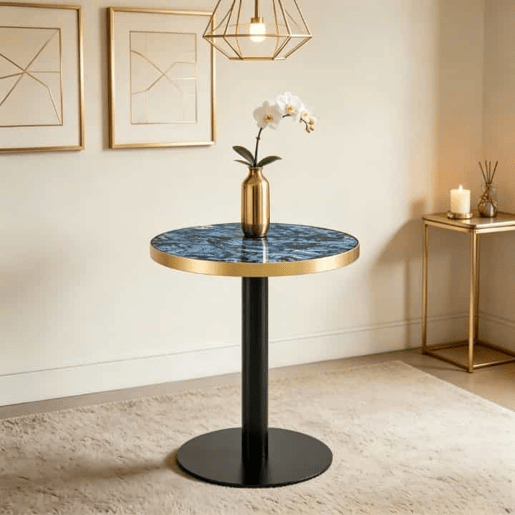 Mesa auxiliar redonda 60x60x74 cm - Tampo com efeito de mármore e borda dourada, estrutura metálica resistente, estilo moderno para a sala de estar - Azul Mesa auxiliar redonda 60x60x74 cm - Tampo com efeito de mármore e borda dourada, estrutura metálica resistente, estilo moderno para a sala de estar - Azul