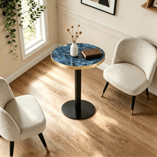 Mesa auxiliar redonda 60x60x74 cm - Tampo com efeito de mármore e borda dourada, estrutura metálica resistente, estilo moderno para a sala de estar - Azul Mesa auxiliar redonda 60x60x74 cm - Tampo com efeito de mármore e borda dourada, estrutura metálica resistente, estilo moderno para a sala de estar - Azul