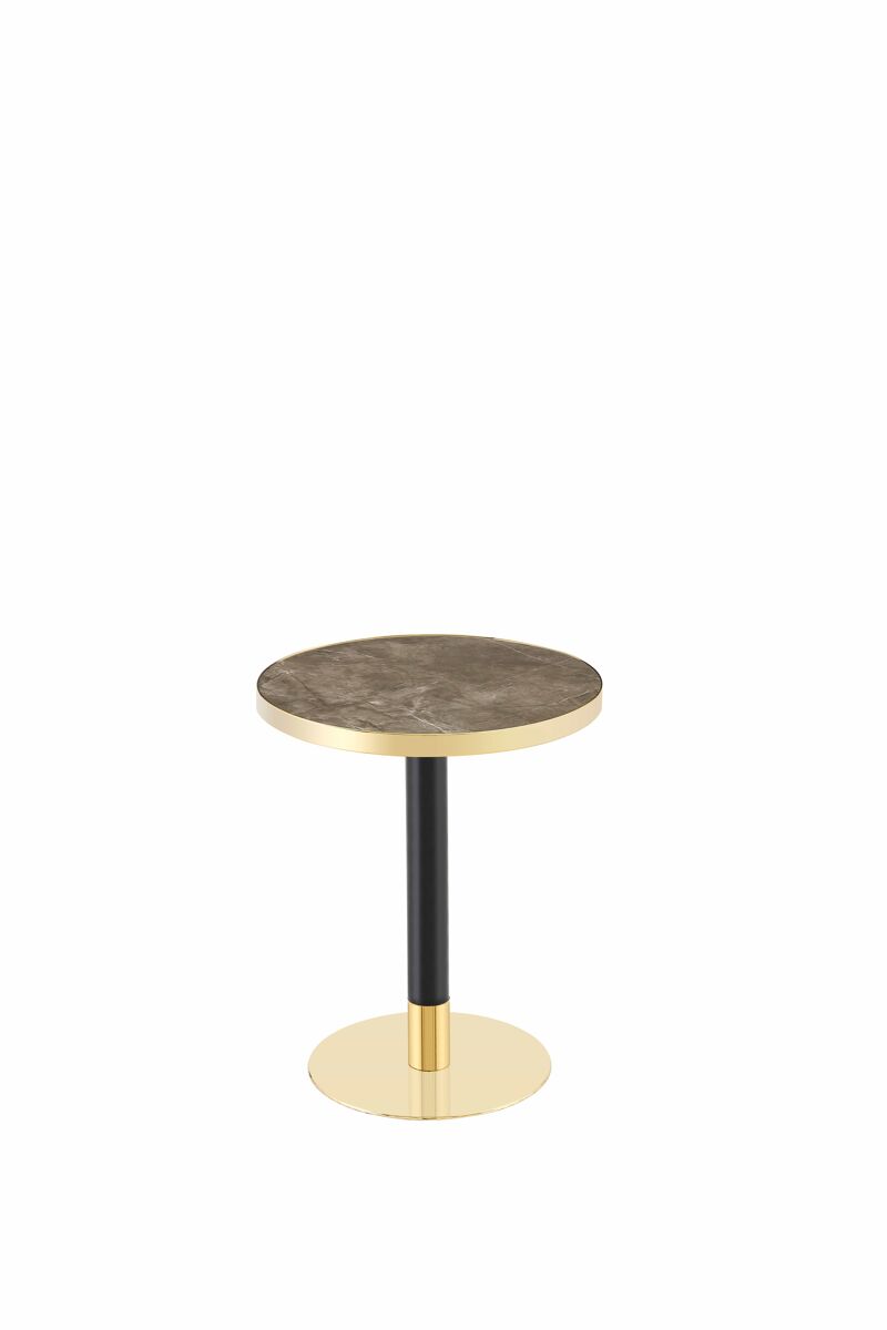 Mesa auxiliar redonda 60x60x74 cm - estilo moderno con tablero efecto mármol y borde dorado, estructura metálica - gris