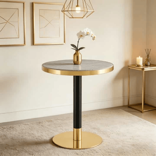 Mesa auxiliar redonda 60x60x74 cm - estilo moderno com tampo com efeito de mármore e borda dourada, estrutura metálica - Cinzento