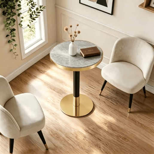Mesa auxiliar redonda 60x60x74 cm - estilo moderno com tampo com efeito de mármore e borda dourada, estrutura metálica - Cinzento