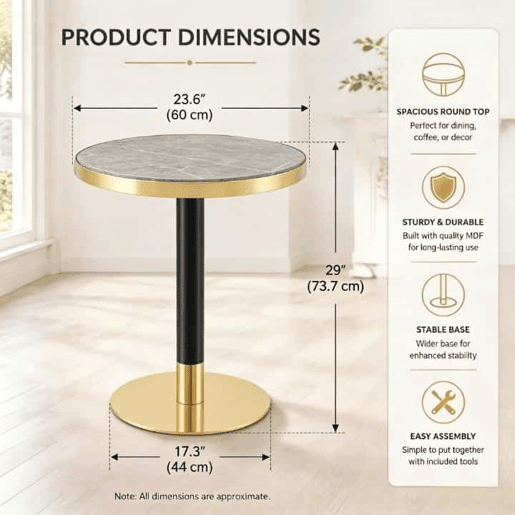Mesa auxiliar redonda 60x60x74 cm - estilo moderno com tampo com efeito de mármore e borda dourada, estrutura metálica - Cinzento