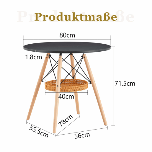 Mesa de jantar redonda Ø80 cm - tampo em MDF, pernas em madeira maciça e cesto de arrumação entrançado - preto e madeira Mesa de jantar redonda Ø80 cm - tampo em MDF, pernas em madeira maciça e cesto de arrumação entrançado - preto e madeira