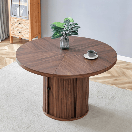 Mesa de jantar redonda 115 x 115 x 74 cm u2014 com espaço de arrumação, pé central com armário, estilo escandinavo moderno u2014 nogueira