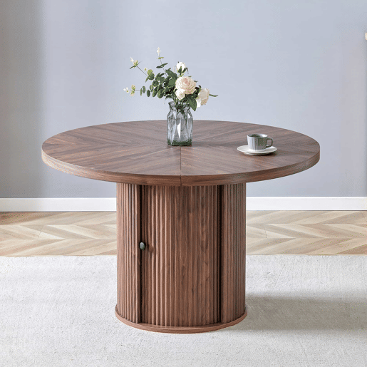 Mesa de jantar redonda 115 x 115 x 74 cm u2014 com espaço de arrumação, pé central com armário, estilo escandinavo moderno u2014 nogueira