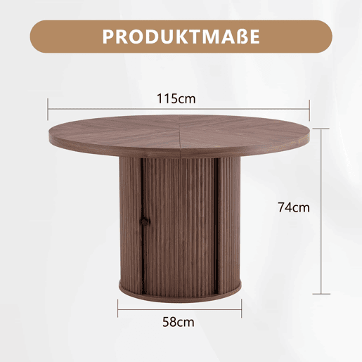 Mesa de jantar redonda 115 x 115 x 74 cm u2014 com espaço de arrumação, pé central com armário, estilo escandinavo moderno u2014 nogueira