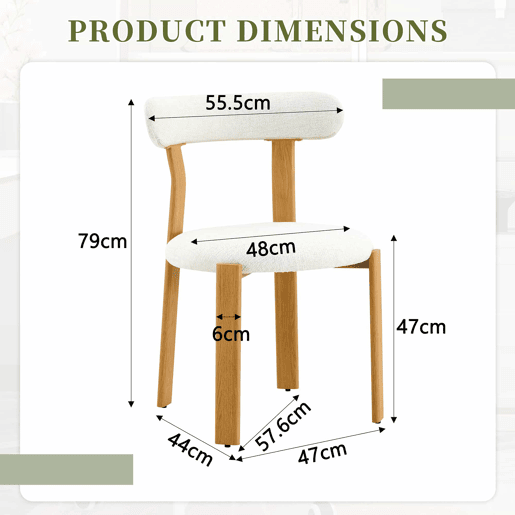 Cadeira de jantar 79 cm - Conjunto de 2 cadeiras estofadas com tecido bouclé respirável, encosto ergonómico e pés estáveis e antiderrapantes - Branco