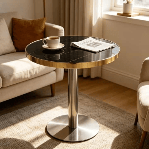 Mesa auxiliar redonda 60x60x74 cm - efeito mármore, estrutura em aço inoxidável dourado, base estável e design elegante - preta