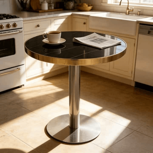 Mesa auxiliar redonda 60x60x74 cm - efeito mármore, estrutura em aço inoxidável dourado, base estável e design elegante - preta