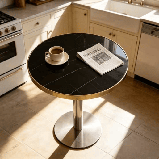 Mesa auxiliar redonda 60x60x74 cm - efeito mármore, estrutura em aço inoxidável dourado, base estável e design elegante - preta
