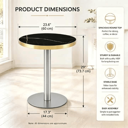 Mesa auxiliar redonda 60x60x74 cm - efeito mármore, estrutura em aço inoxidável dourado, base estável e design elegante - preta