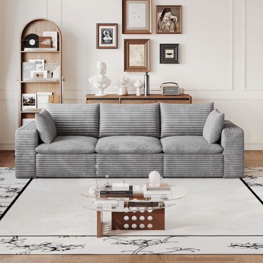 Sofá modular de 260 cm - Veludo cotelê, design de dupla camada, almofadas removíveis - cinzento