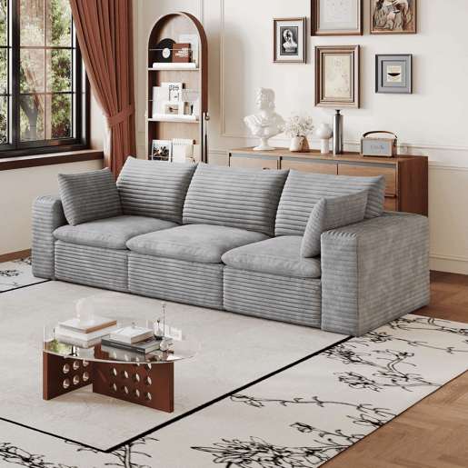 Sofá modular de 260 cm - Veludo cotelê, design de dupla camada, almofadas removíveis - cinzento
