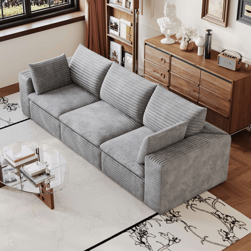 Sofá modular de 260 cm - Veludo cotelê, design de dupla camada, almofadas removíveis - cinzento