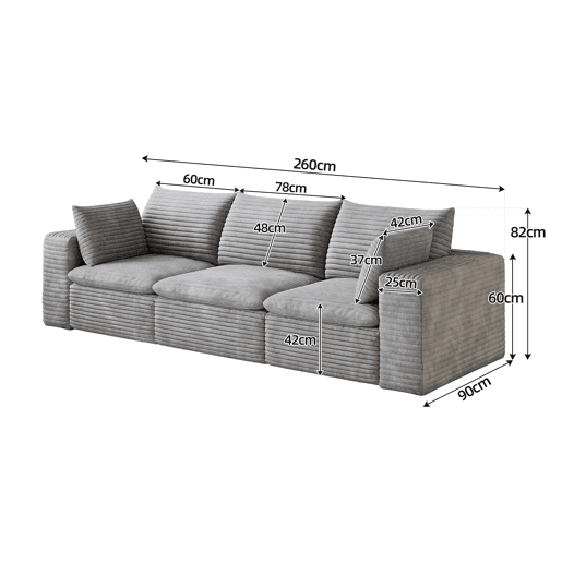 Sofá modular de 260 cm - Veludo cotelê, design de dupla camada, almofadas removíveis - cinzento