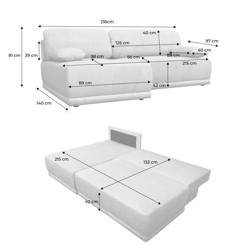 Sofá-cama de canto esquerdo em veludo canelado com baú, 3 lugares, Nelson, Bege cinzento, 218x140x81 cm Sofá-cama de canto esquerdo em veludo canelado com baú, 3 lugares, Nelson, Bege cinzento, 218x140x81 cm