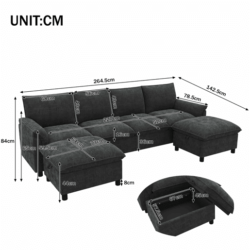 Sofá modular em U 264,5 x 142,5 x 84 cm u2014 modelo Cloud com assento profundo, encosto alto e 2 pufes móveis u2014 Preto