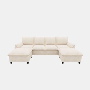 Sofá modular em U 264,5 x 142,5 x 84 cm u2013 design Deep Seat, encosto alto, 2 pufes móveis, sofá de canto confortável u2013 Bege