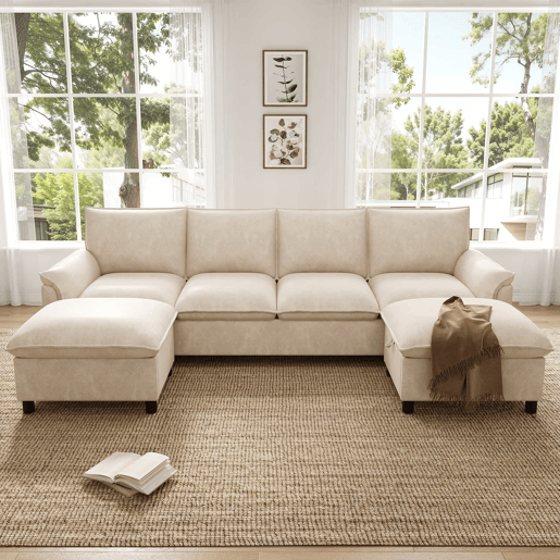 Sofá modular em U 264,5 x 142,5 x 84 cm u2013 design Deep Seat, encosto alto, 2 pufes móveis, sofá de canto confortável u2013 Bege Sofá modular em U 264,5 x 142,5 x 84 cm u2013 design Deep Seat, encosto alto, 2 pufes móveis, sofá de canto confortável u2013 Bege