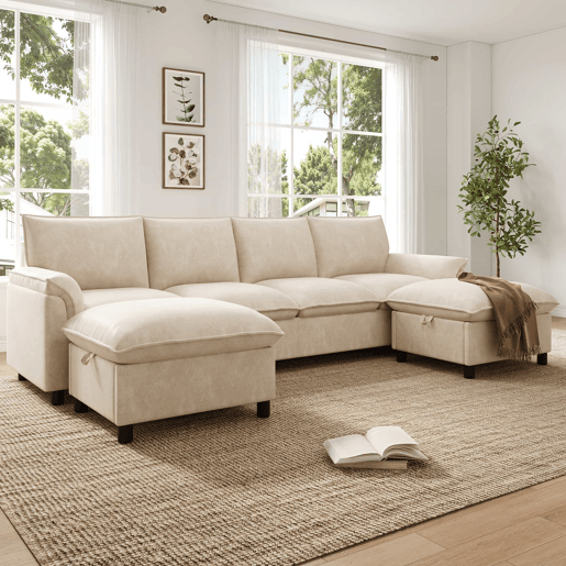 Sofá modular em U 264,5 x 142,5 x 84 cm u2013 design Deep Seat, encosto alto, 2 pufes móveis, sofá de canto confortável u2013 Bege Sofá modular em U 264,5 x 142,5 x 84 cm u2013 design Deep Seat, encosto alto, 2 pufes móveis, sofá de canto confortável u2013 Bege
