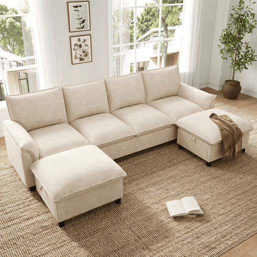 Sofá modular em U 264,5 x 142,5 x 84 cm u2013 design Deep Seat, encosto alto, 2 pufes móveis, sofá de canto confortável u2013 Bege Sofá modular em U 264,5 x 142,5 x 84 cm u2013 design Deep Seat, encosto alto, 2 pufes móveis, sofá de canto confortável u2013 Bege