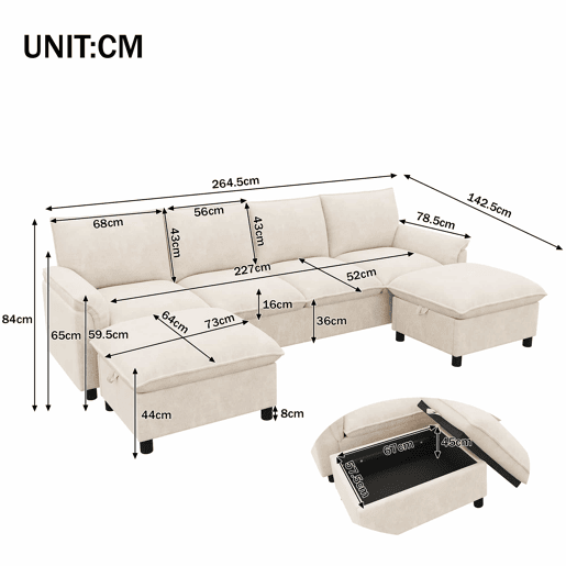 Sofá modular em U 264,5 x 142,5 x 84 cm u2013 design Deep Seat, encosto alto, 2 pufes móveis, sofá de canto confortável u2013 Bege Sofá modular em U 264,5 x 142,5 x 84 cm u2013 design Deep Seat, encosto alto, 2 pufes móveis, sofá de canto confortável u2013 Bege