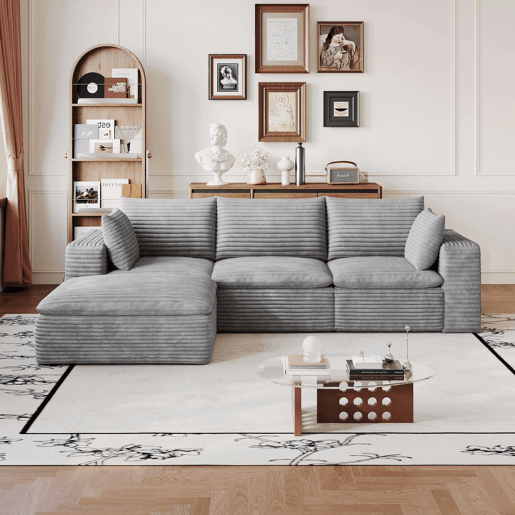 Sofá de 3 lugares, 260 cm - estilo «nuvem», estofado em veludo cotelê, almofadas removíveis sem montagem - cinzento Sofá de 3 lugares, 260 cm - estilo «nuvem», estofado em veludo cotelê, almofadas removíveis sem montagem - cinzento