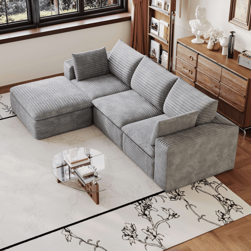 Sofá de 3 lugares, 260 cm - estilo «nuvem», estofado em veludo cotelê, almofadas removíveis sem montagem - cinzento Sofá de 3 lugares, 260 cm - estilo «nuvem», estofado em veludo cotelê, almofadas removíveis sem montagem - cinzento