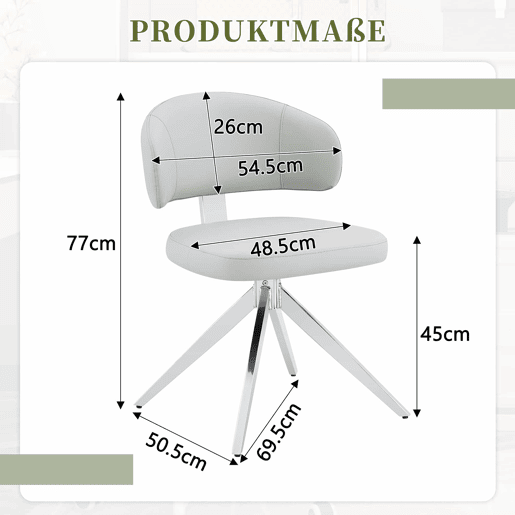 Cadeira de jantar 54,5 x 50,5 x 77 cm - Giratória a 360°, almofadada e confortável, estrutura metálica - Cinza claro Cadeira de jantar 54,5 x 50,5 x 77 cm - Giratória a 360°, almofadada e confortável, estrutura metálica - Cinza claro