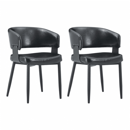 Cadeiras de jantar (2 unidades) - Estilo Mid Century Modern, cadeiras retro com braços curvos, encosto estampado e estofo em couro sintético - Preto