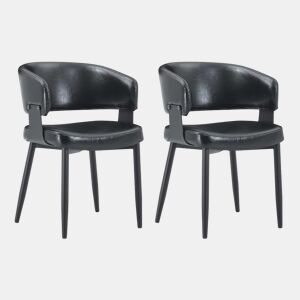 Cadeiras de jantar (2 unidades) - Estilo Mid Century Modern, cadeiras retro com braços curvos, encosto estampado e estofo em couro sintético - Preto